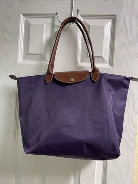 Purple Tote Bag with Brown Leather Trim